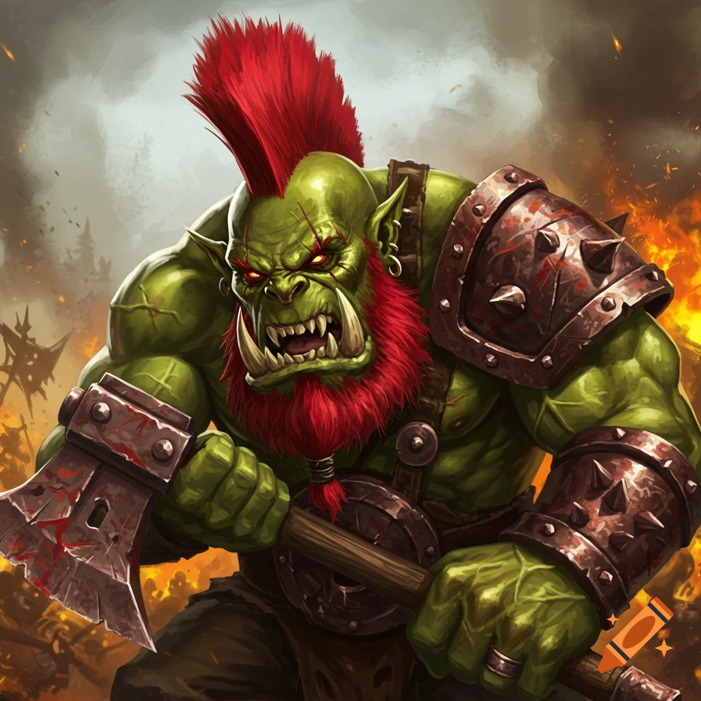 A fierce green orc with a red mohawk and beard holds a bloody axe against a fiery, smoky background.
