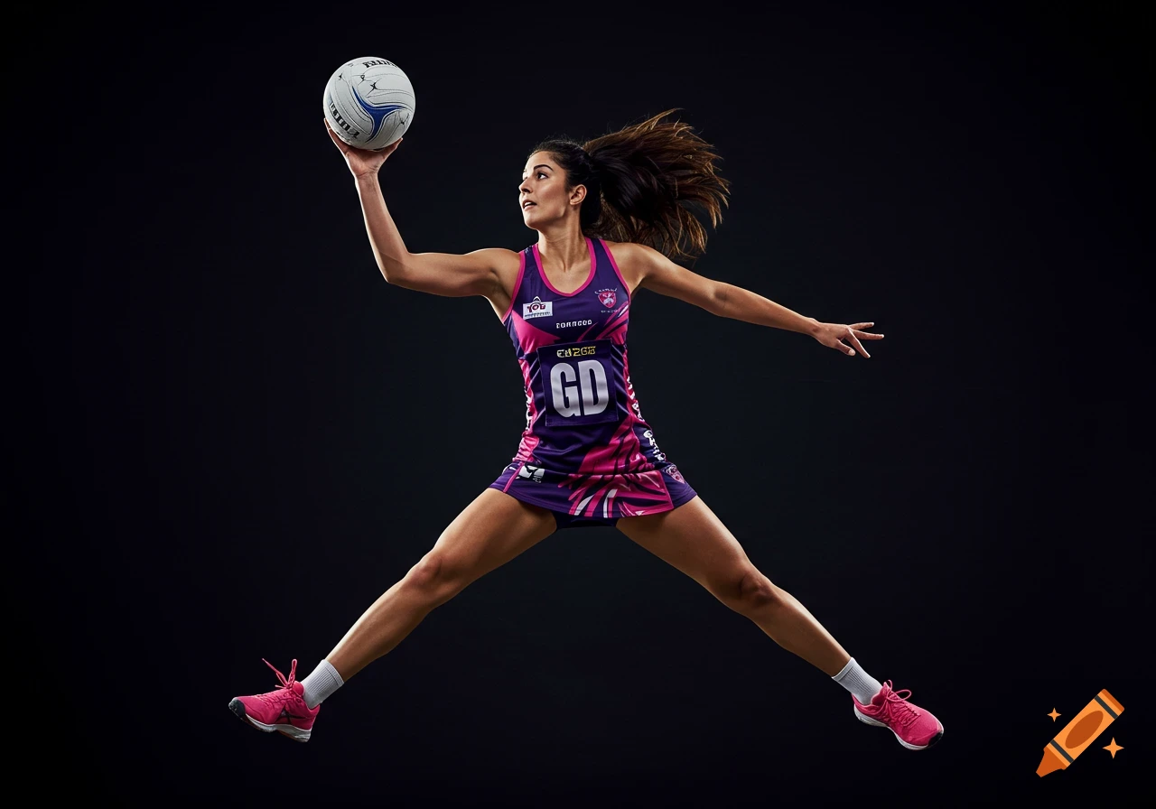 Photorealistic action shot of a brunette netball player in a purple and pink uniform jumping with a ball against a dark background.