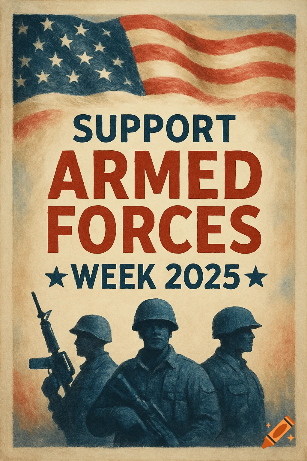 Vintage patriotic poster with an American flag, 'SUPPORT ARMED FORCES WEEK 2025' text, and three soldiers.
