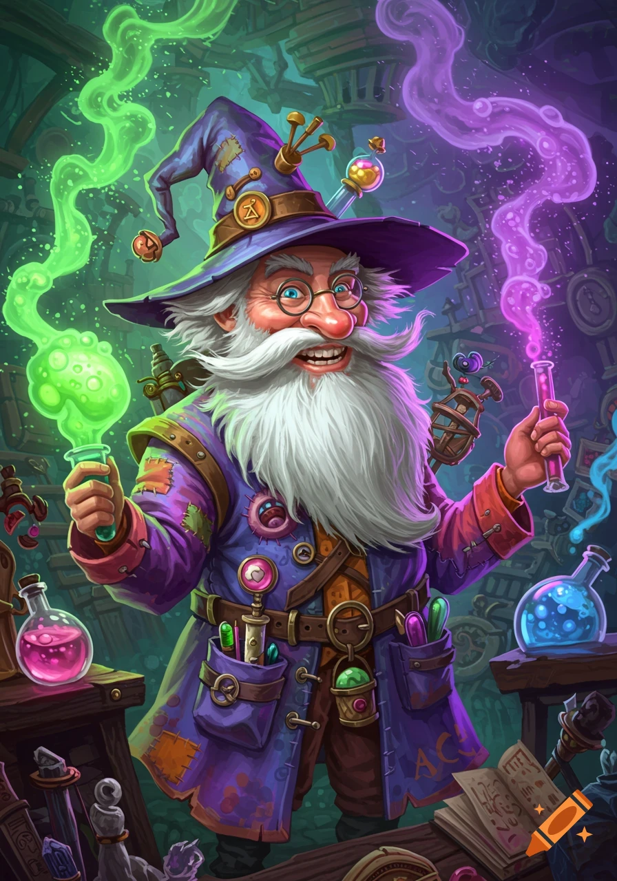 A jovial, cartoon wizard with a white beard holds glowing beakers in a vibrant, stylized laboratory.