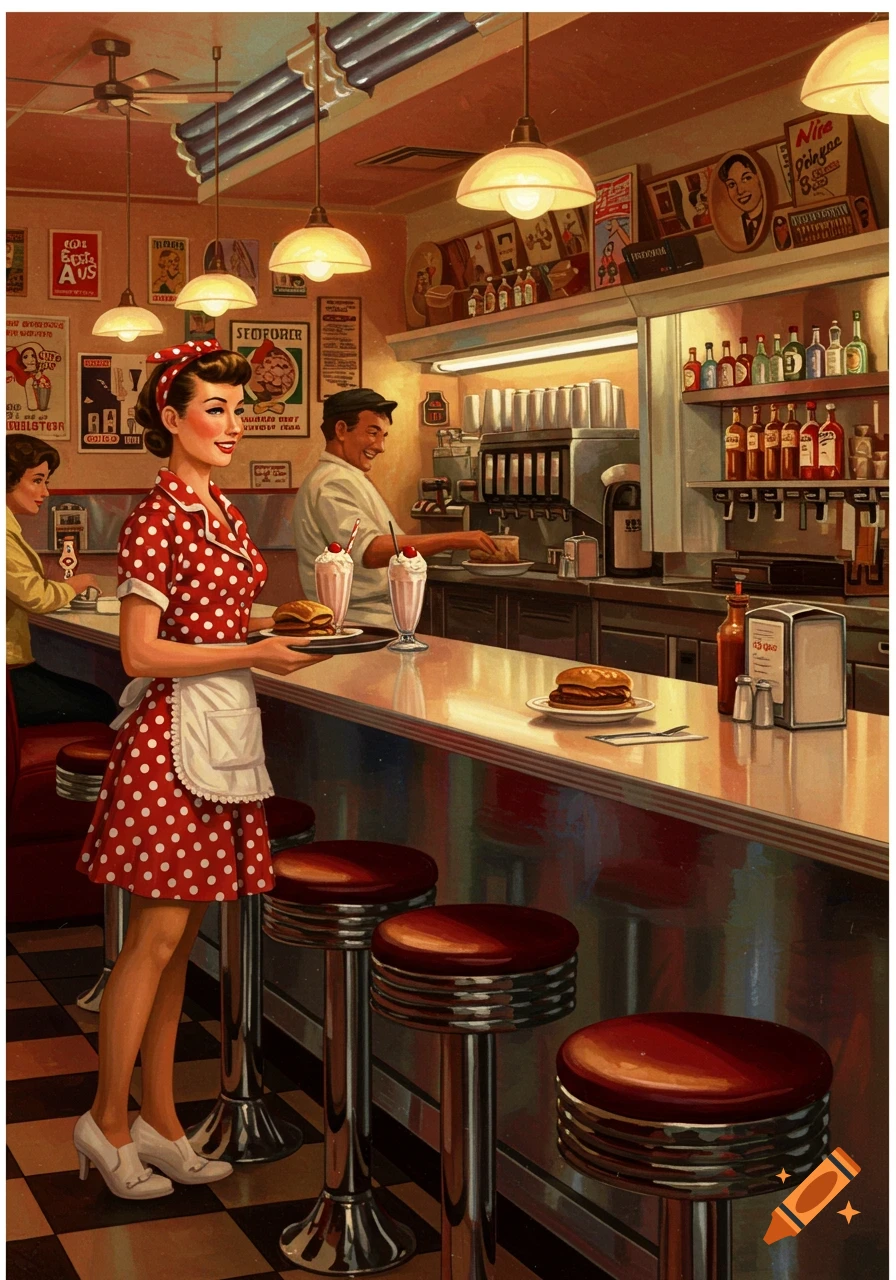 A smiling waitress in a red polka-dot dress serves milkshakes and burgers in a bustling vintage 1950s American diner.