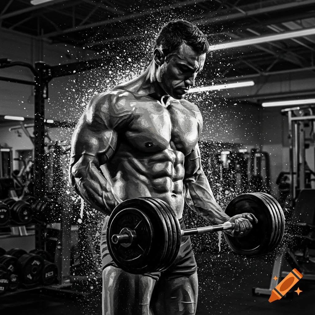 A monochrome image of a muscular man lifting a barbell in a gym, with a spray paint splatter effect.