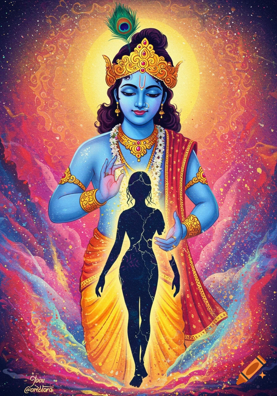 Lord Krishna, with blue skin and golden crown, holds a cracked silhouette of a woman against a vibrant, cosmic background in an illustrative style.