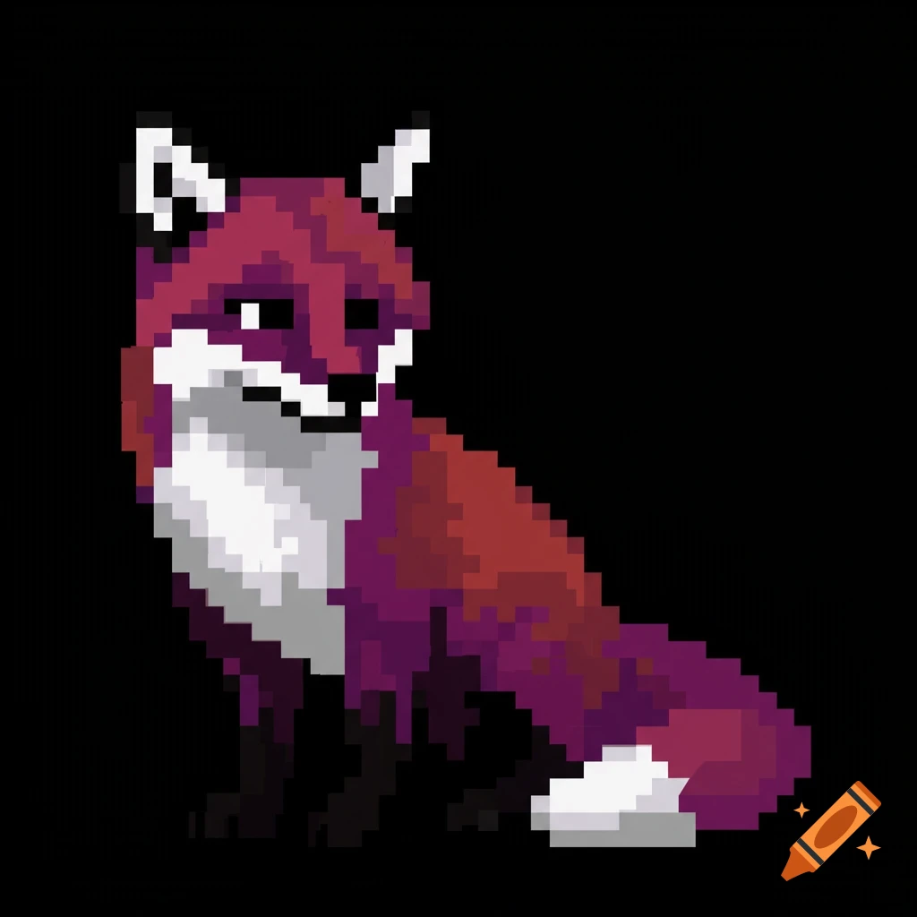 A pixel art depiction of a fox with black, white, and purple fur, sitting and looking forward.