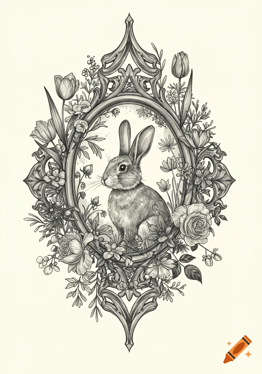 A detailed black and white illustration of a rabbit sitting inside an ornate gothic oval frame, surrounded by intricate floral elements like roses and tulips.