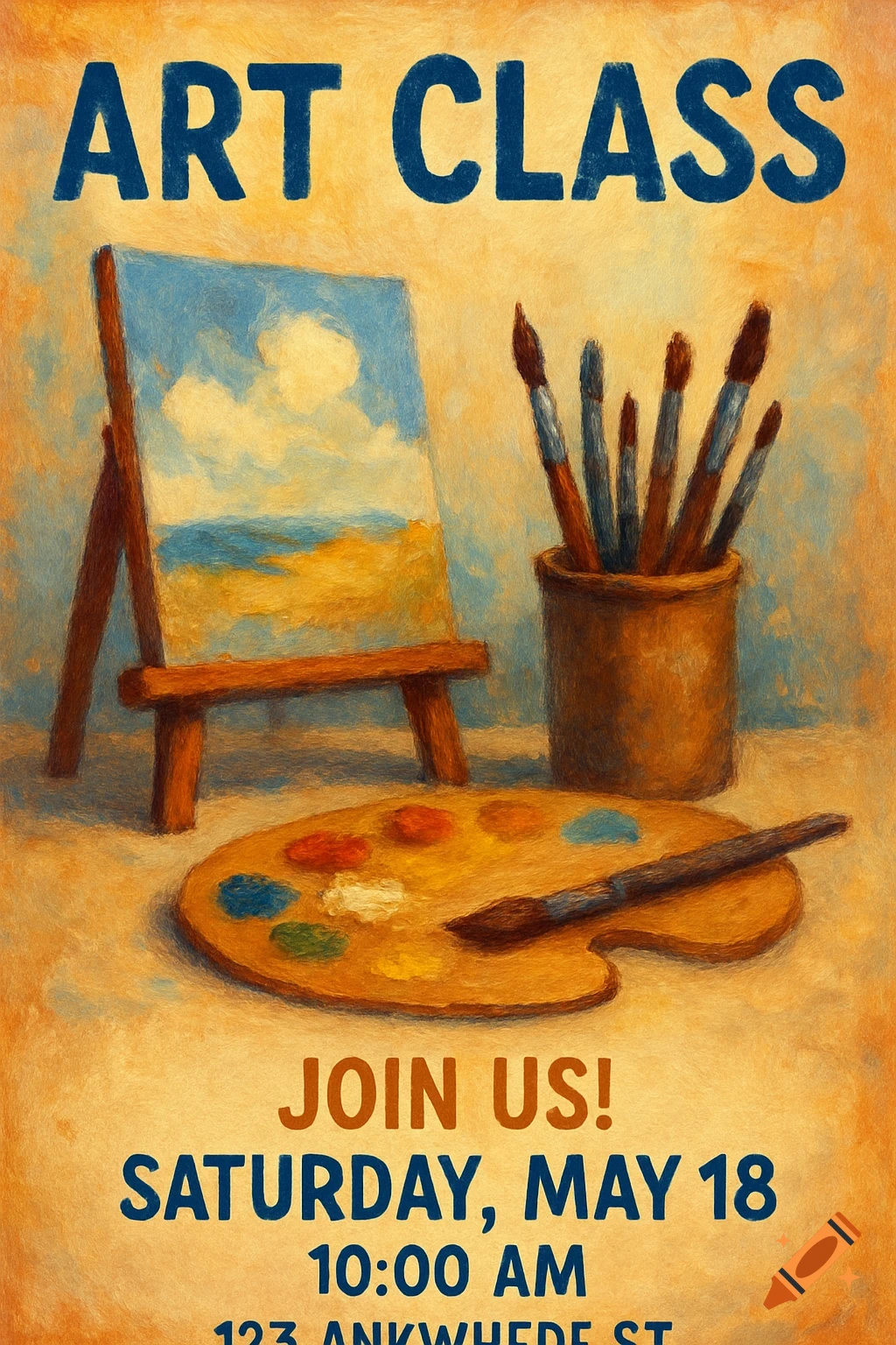 A painterly flyer for an art class, featuring an easel with a landscape painting, paint brushes, and a palette with paints.