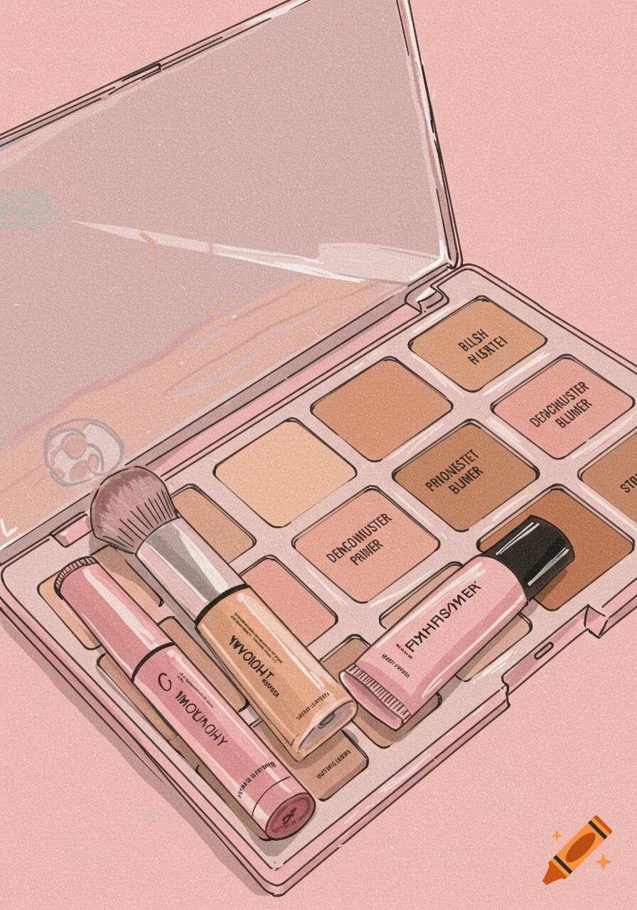 A pink makeup palette with various shades of foundation, primer, bronzer, and concealer, alongside a makeup brush and tubes, in an anime art style.