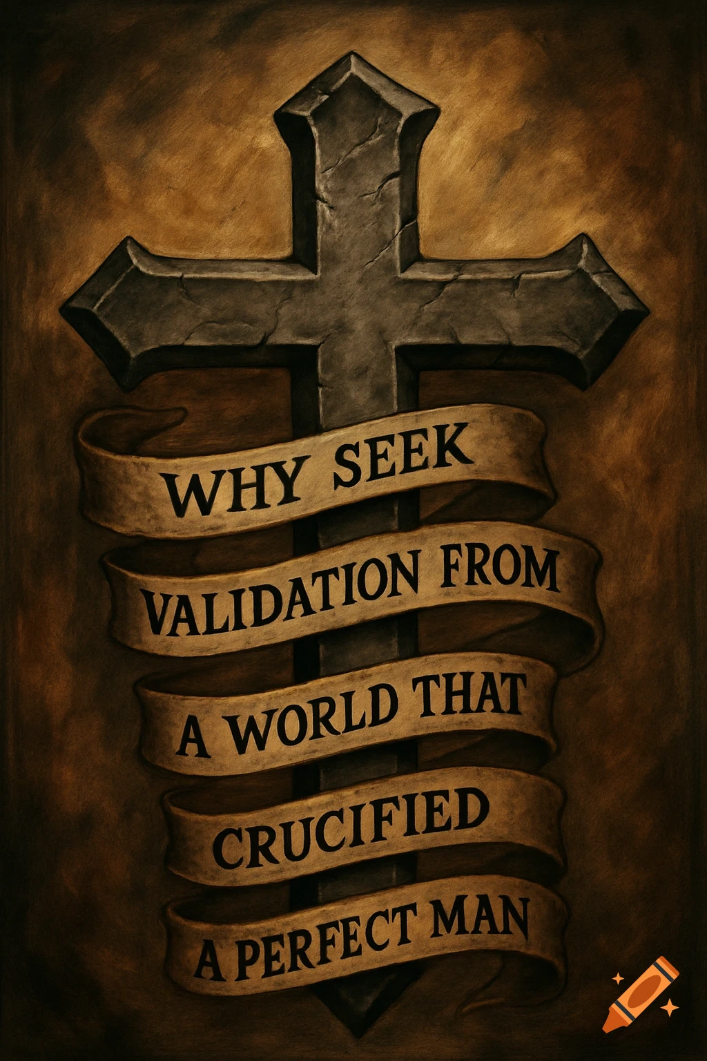 A stone-like cross with a scroll wrapped around it, displaying the quote "WHY SEEK VALIDATION FROM A WORLD THAT CRUCIFIED A PERFECT MAN" in bold lettering. The background is a textured sepia tone.