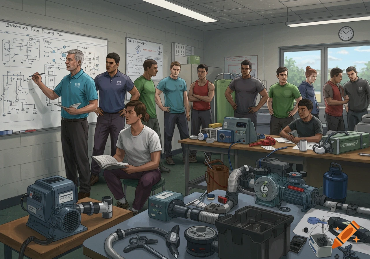 An illustrated scene of a diverse group of men and one woman in a technical classroom, learning about machinery from an instructor at a whiteboard.
