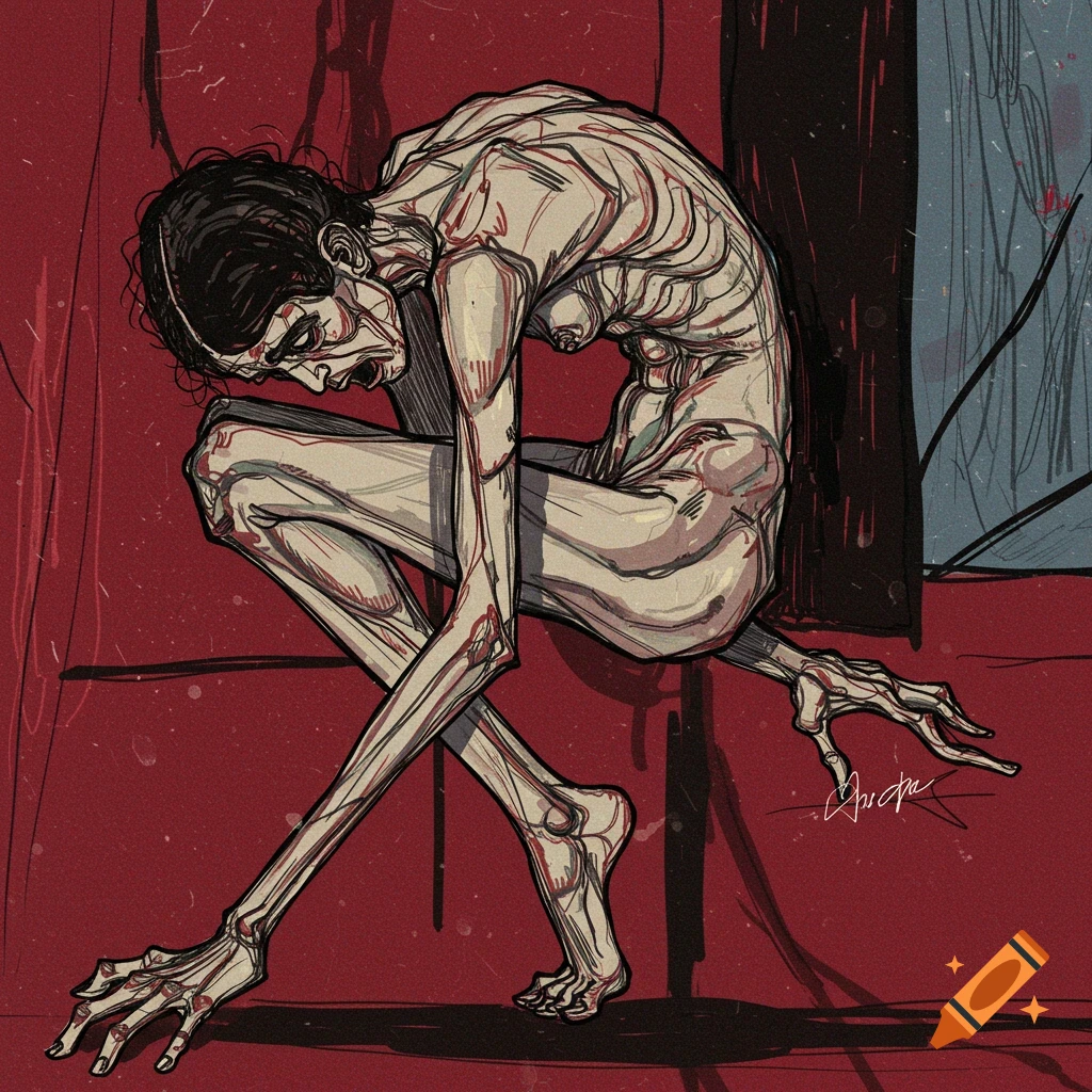 An emaciated, skeletal figure crouches on a red ground in an expressionistic, sketchy style painting, with elongated limbs and distorted features.