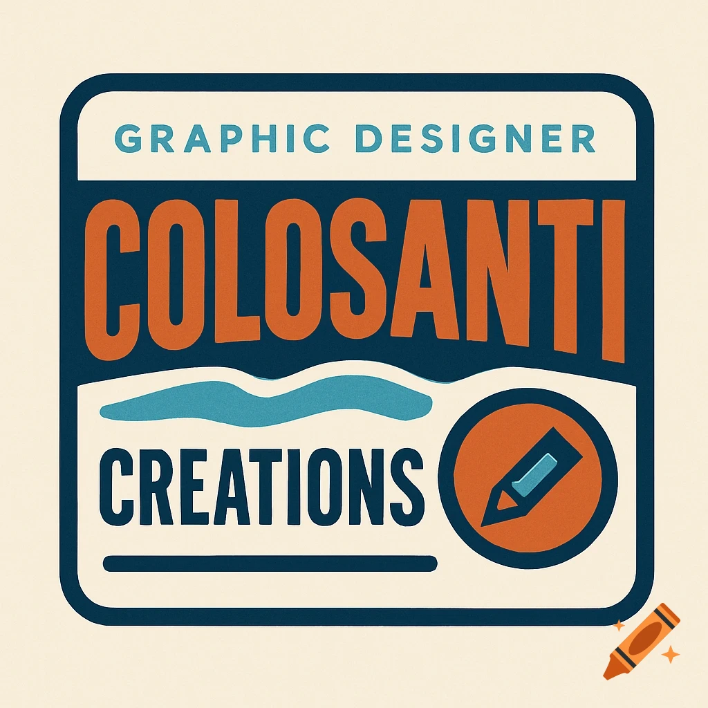 A modern retro logo in cream, dark blue, burnt orange, and powder blue for Colosanti Creations Graphic Designer, featuring a pencil icon.