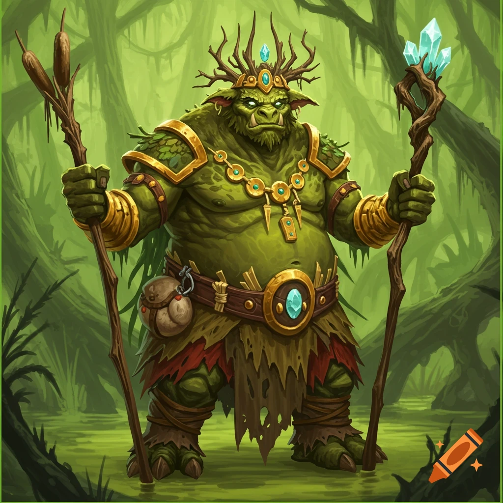A large, green, muscular fantasy creature with a branched crown, golden armor, and two staffs stands in a swamp.