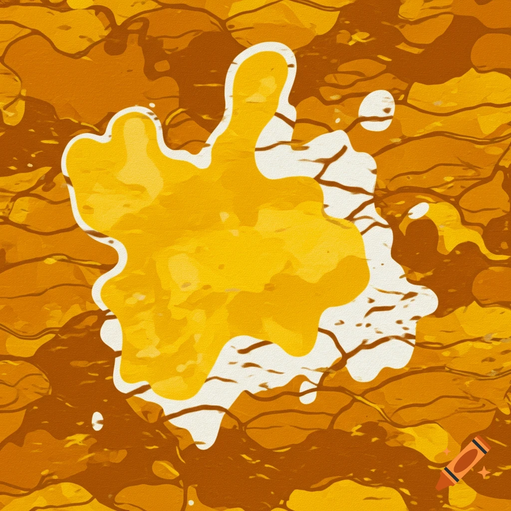 Abstract pattern of yellow and brown blotches with a large central yellow and white splatter, resembling a wax print.