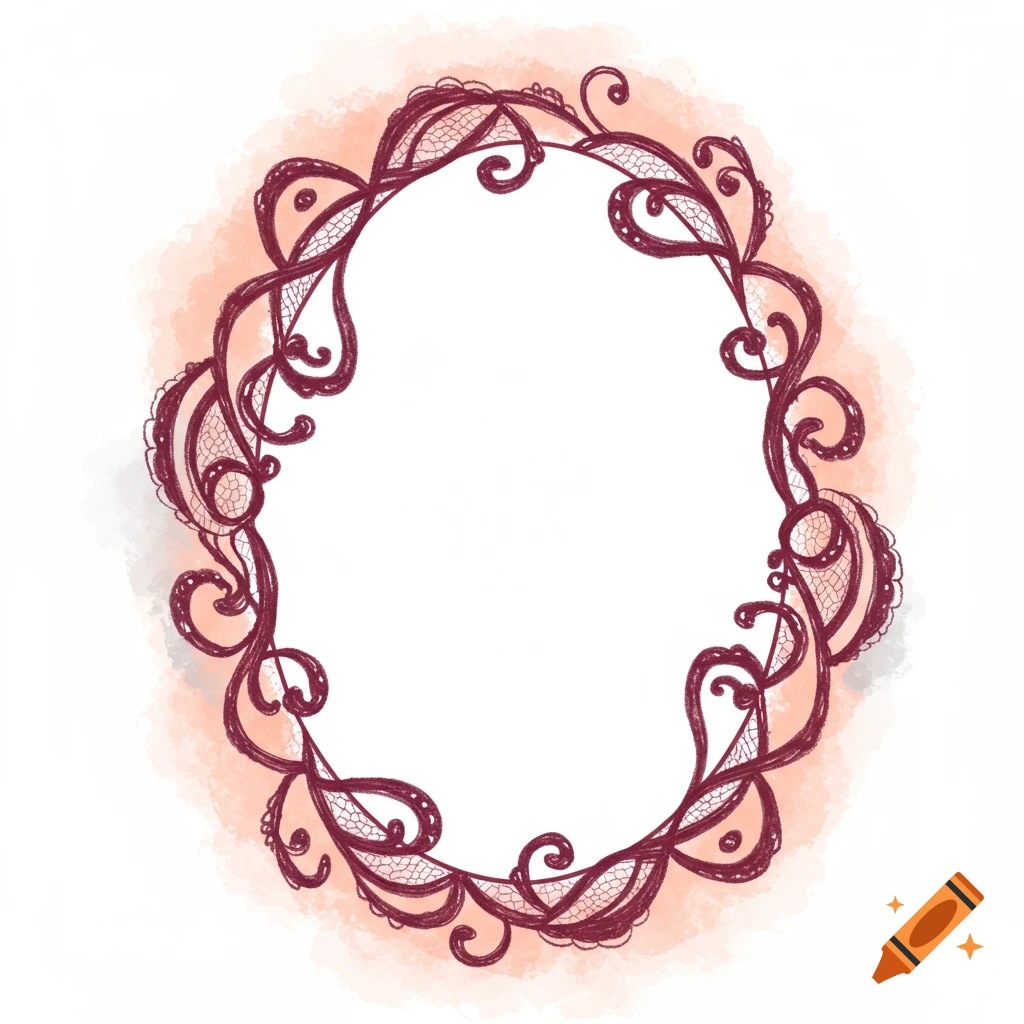 A soft, artistic oval frame made of burgundy lace with a peach watercolor background on white.