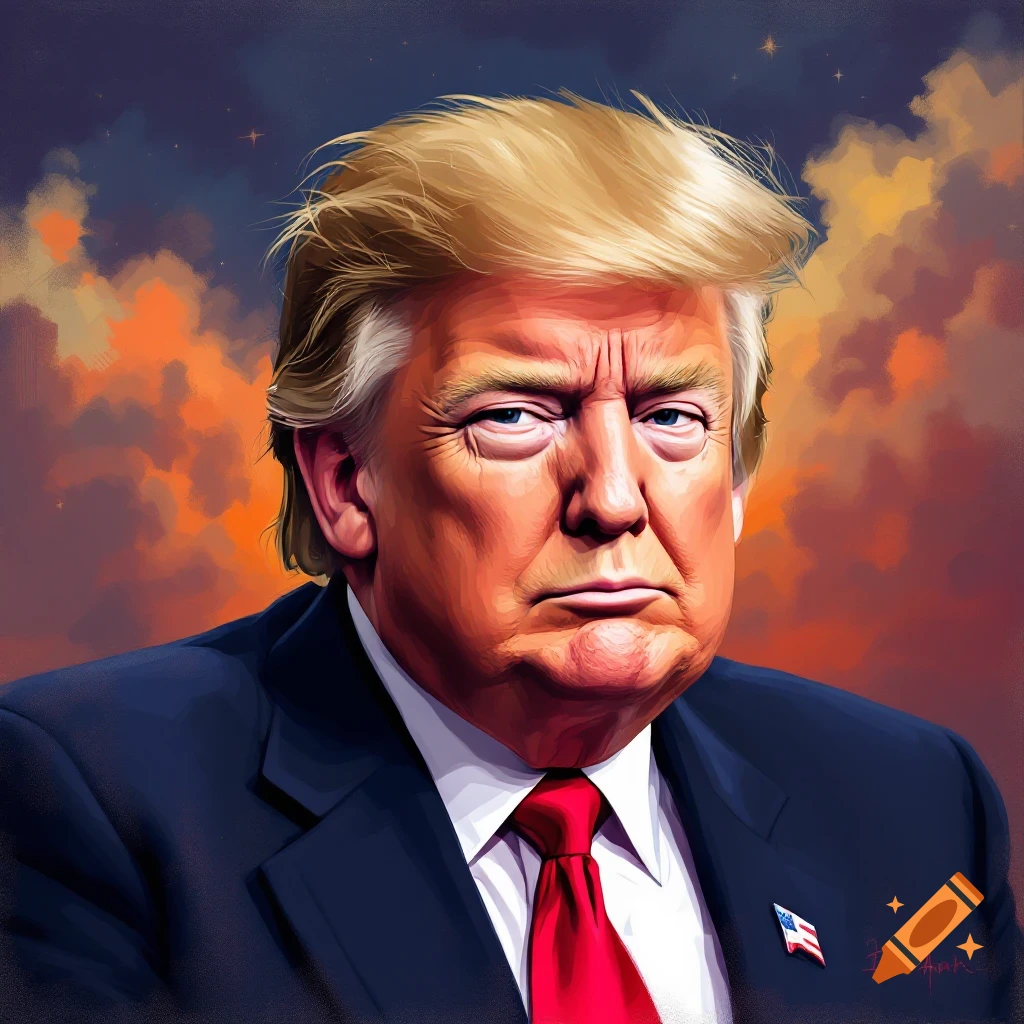 Portrait painting of Donald Trump in a suit and red tie against an orange and blue background.