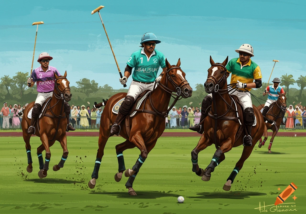 A vibrant painting of polo players on horseback charging across a green field with spectators in the background.
