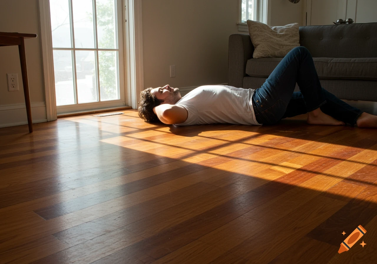 A man lies on a sunlit wooden floor indoors, with his hands behind his head, relaxing near a window and a couch.