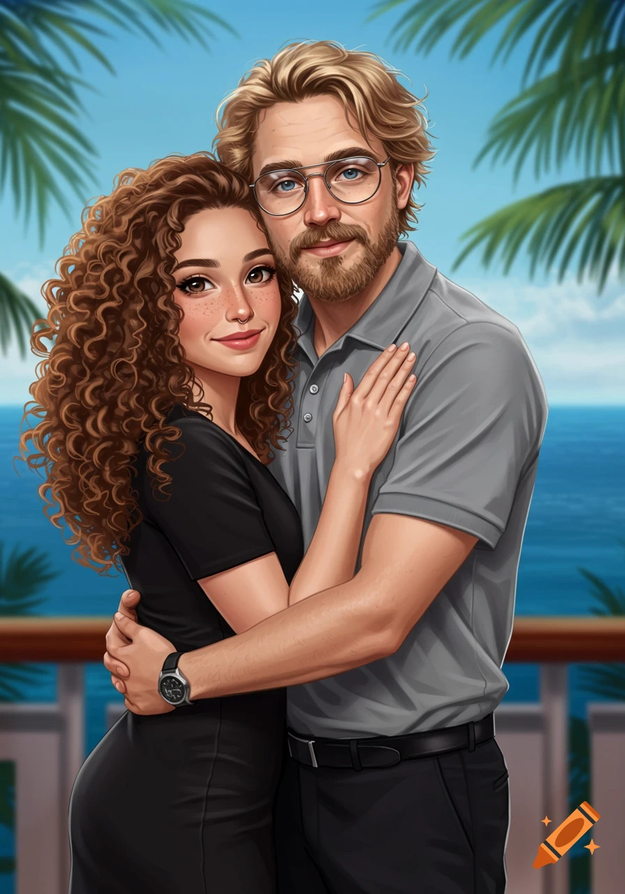 A stylized illustration of a couple embracing in a tropical setting with palm trees and an ocean background.