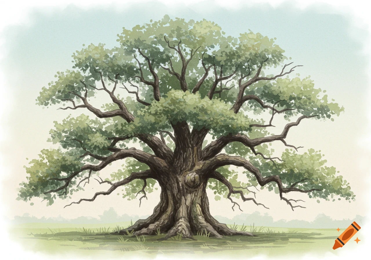 A large, leafy green tree with thick branches in a watercolor painting style.