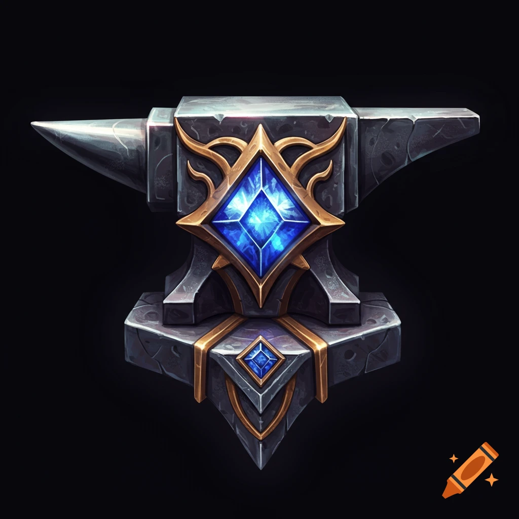 A fantasy-style anvil, dark gray with gold accents, featuring a prominent glowing blue diamond-shaped gem in the center.