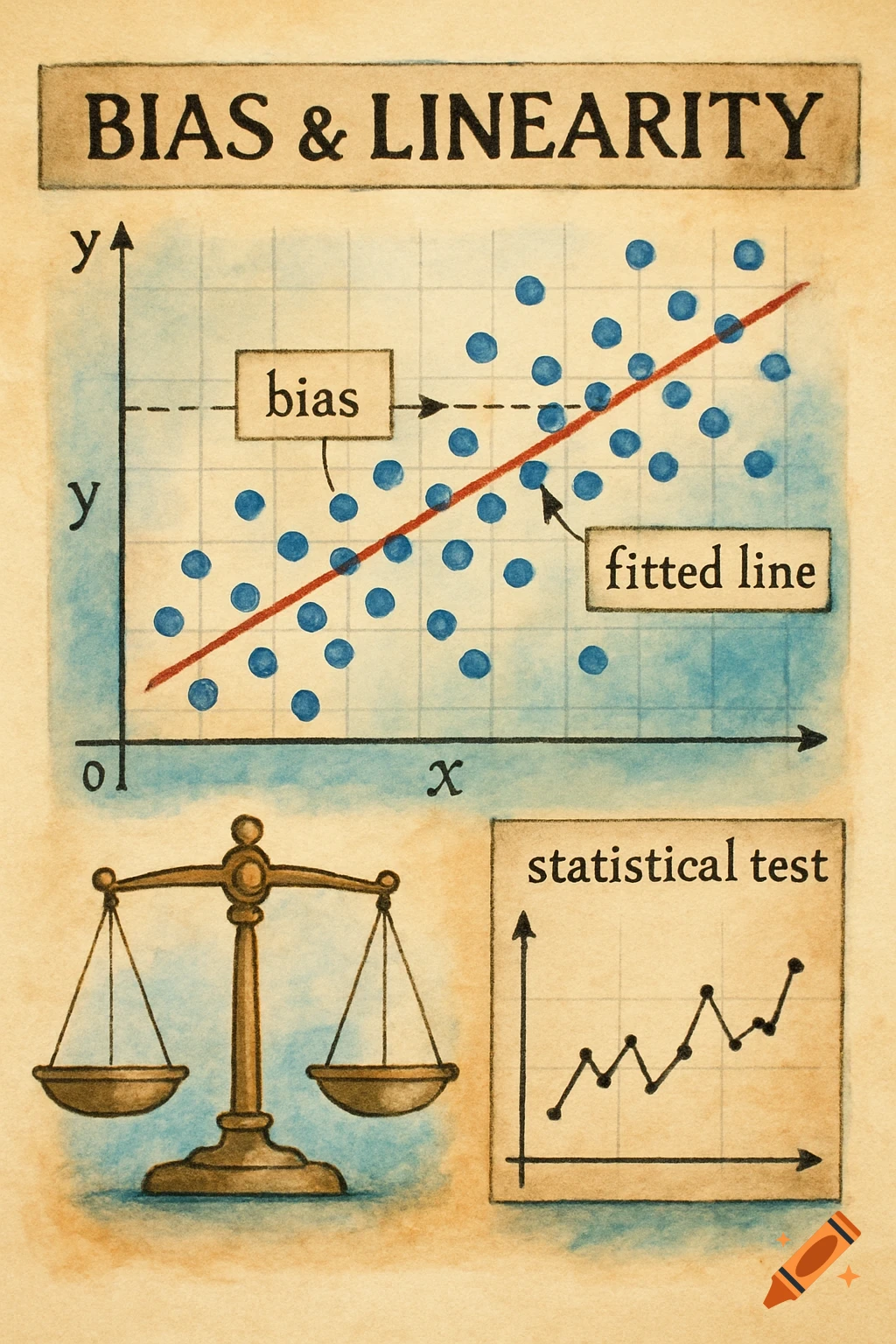 An illustration explaining bias and linearity with a scatter plot, fitted line, balance scale, and statistical test graph.