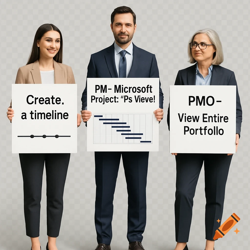 Three business professionals holding signs. The woman on the left holds a sign saying "Create. a timeline", the man in the middle holds a sign about Microsoft Project with a Gantt chart, and the woman on the right holds a sign saying "PMO- View Entire Portfolio."