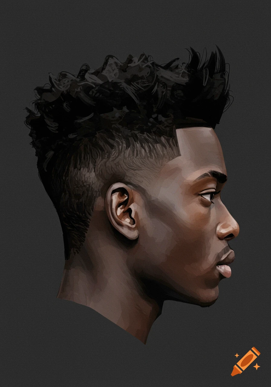 Stylized profile portrait of a man with a low fade haircut and voluminous textured hair.