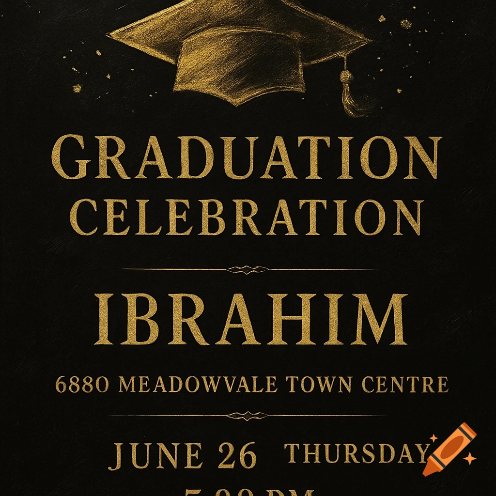 A black and gold graduation celebration invitation with text that reads "GRADUATION CELEBRATION IBRAHIM 6880 MEADOWVALE TOWN CENTRE JUNE 26 THURSDAY" and a drawing of a graduation cap.