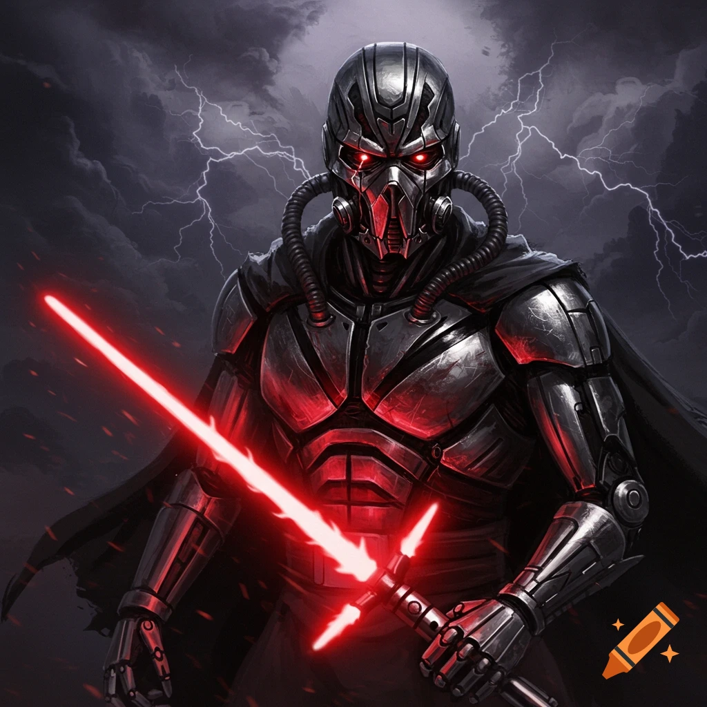 A cyborg Sith Lord in dark armor with glowing red eyes, holding a burning red lightsaber under a stormy, lightning-filled sky.