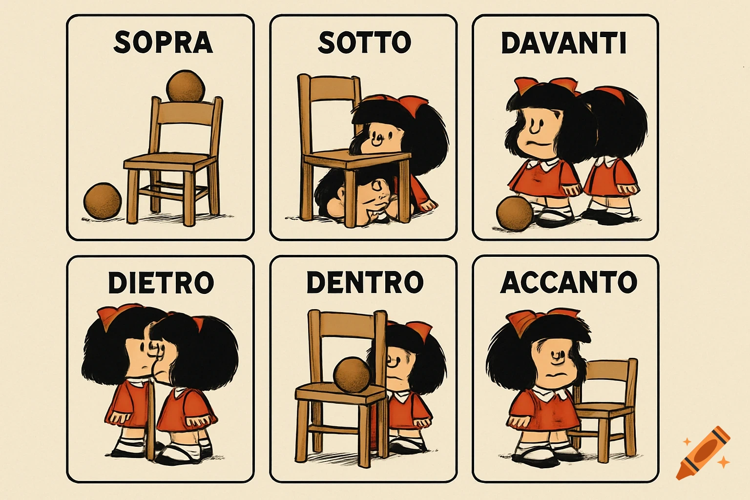 Six cartoon panels show Mafalda demonstrating prepositions like sopra, sotto, davanti, dietro, dentro, and accanto using a chair and ball.