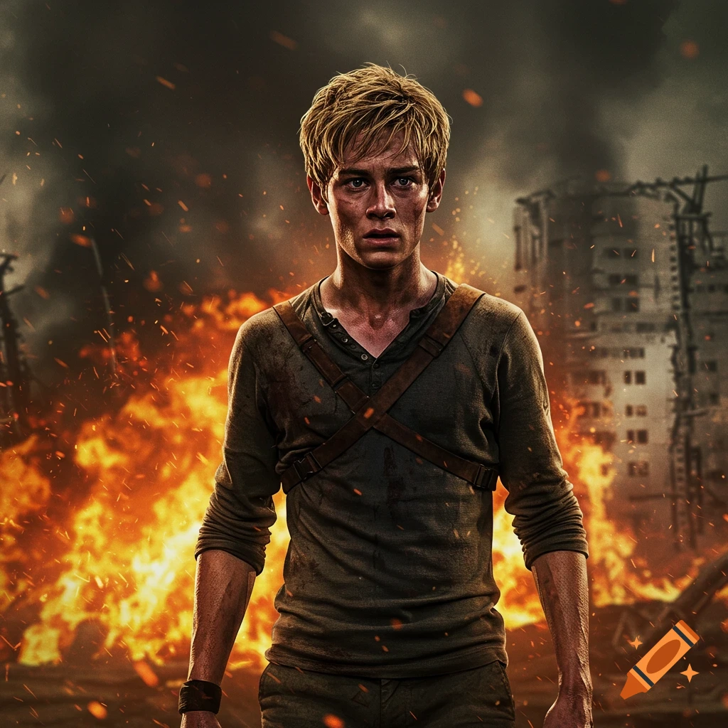 A young man with blonde hair stands in a burning, destroyed city, looking intense. Photorealistic style.