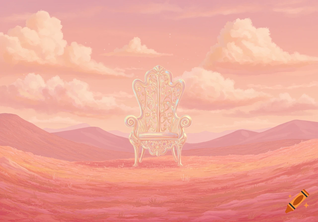 An ornate, luminous chair sits alone in a vast pink and orange desert landscape under a cloudy sky, in an illustrative style.