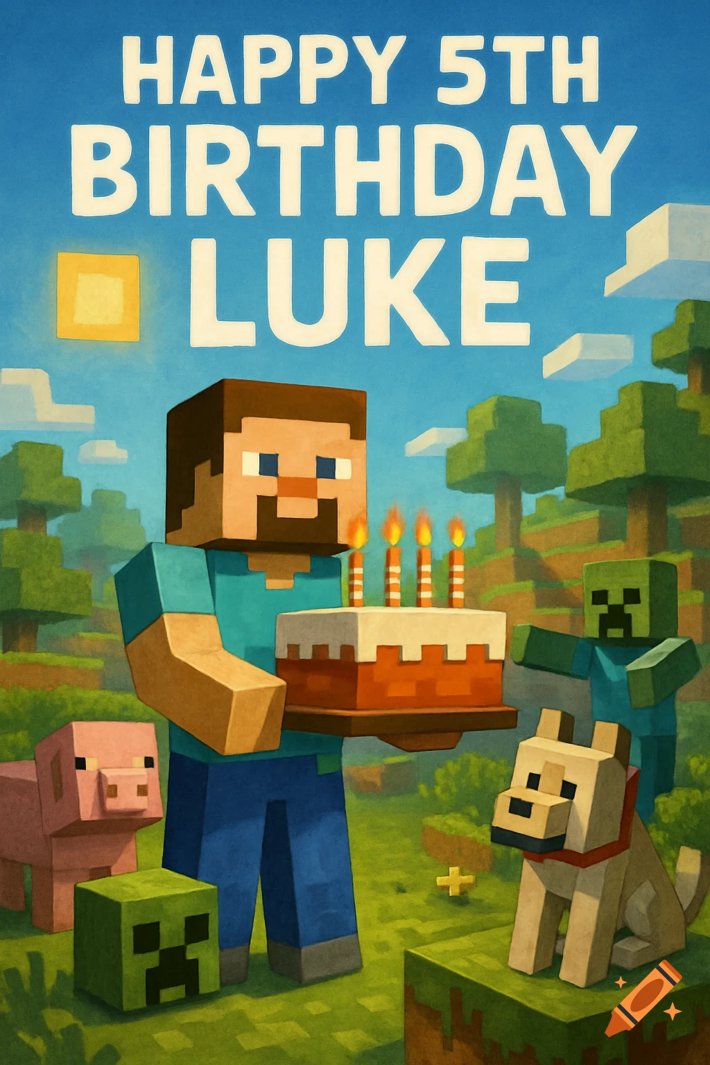 A Minecraft-themed birthday card showing Steve holding a cake, with a pig, a creeper head, a wolf, and a zombie around him. Text reads 'HAPPY 5TH BIRTHDAY LUKE'.
