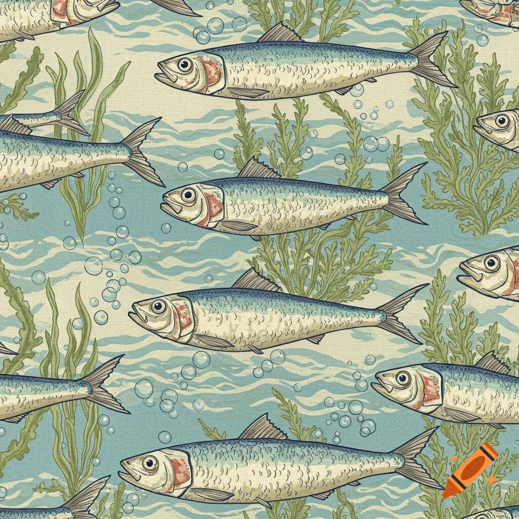 A seamless pattern of sardines swimming among green seaweed and bubbles in blue water, in an illustrative toile style.