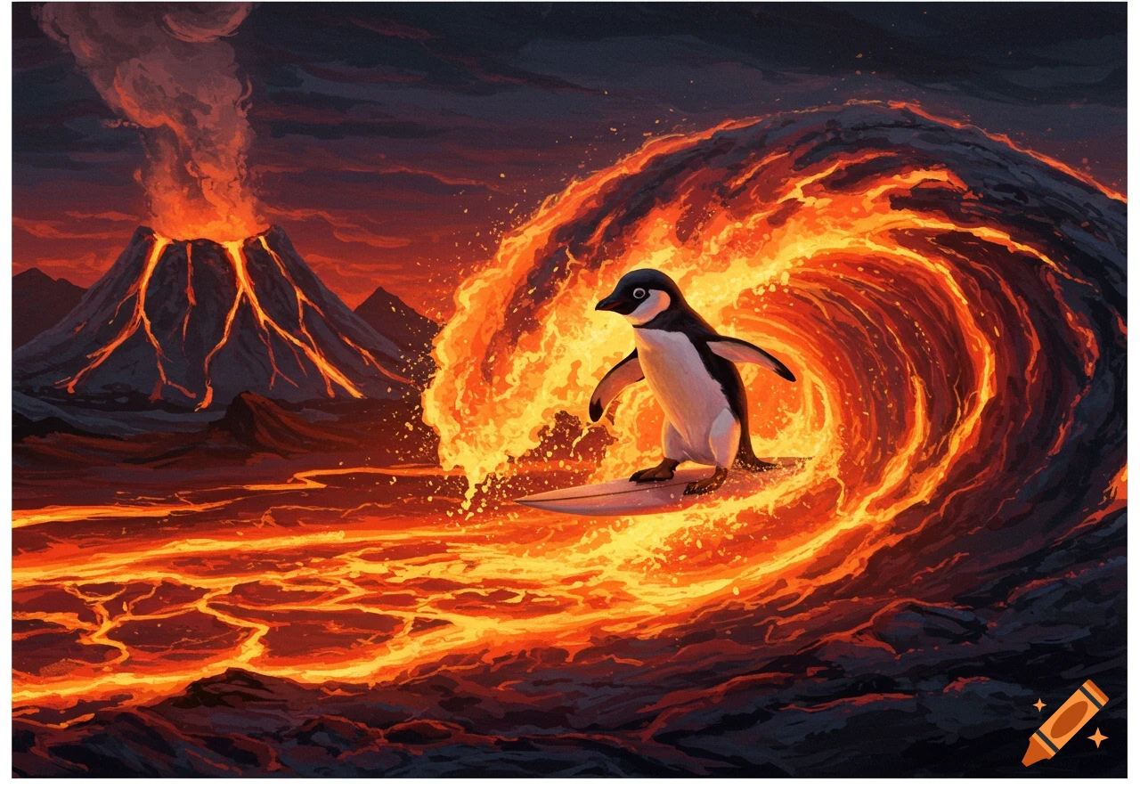 A stylized illustration of a penguin surfing a large wave of lava with an erupting volcano in the background.
