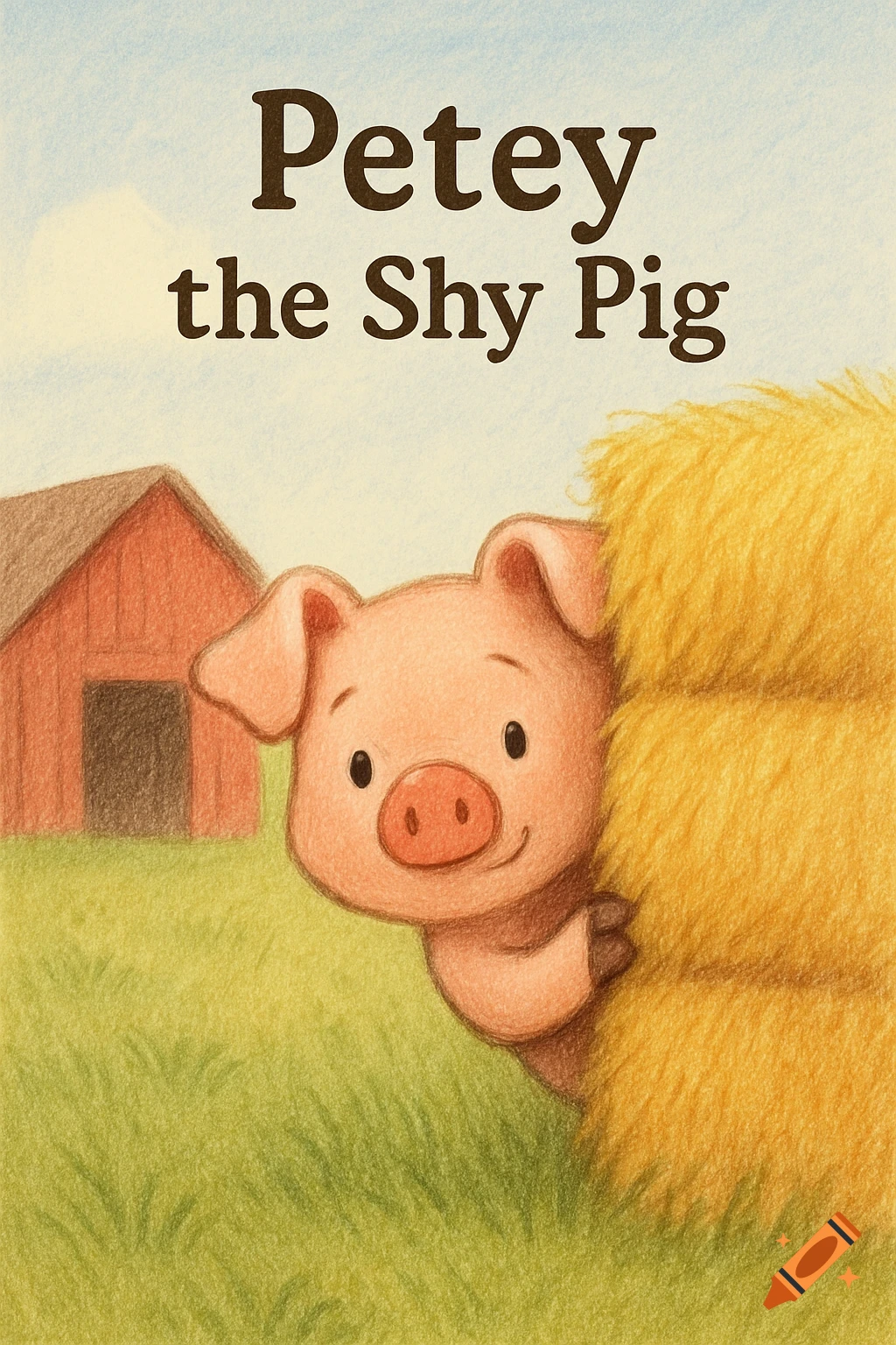 A cute cartoon pig peeks from behind a hay bale on a farm, with the title 'Petey the Shy Pig' above.
