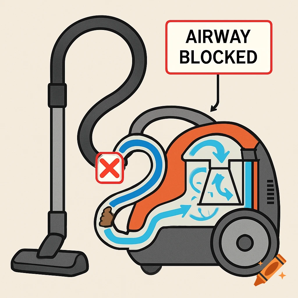 An illustration of a cross-section of a vacuum cleaner with a blocked airway, indicated by text and a brown lump in the hose.