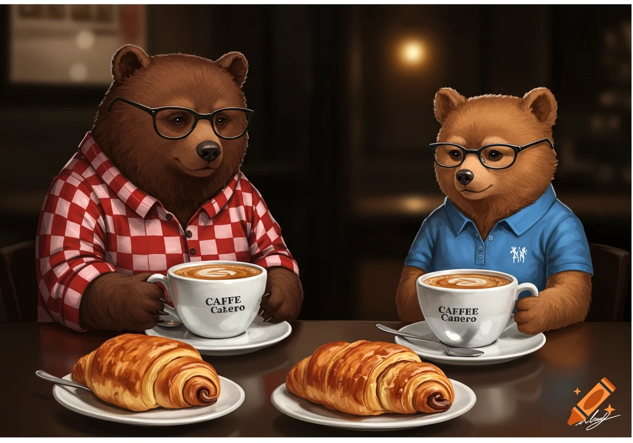 Two anthropomorphic bears wearing glasses, one in a red plaid shirt and the other in a blue polo, sit at a table in a cafe, each with a cup of coffee and a croissant.