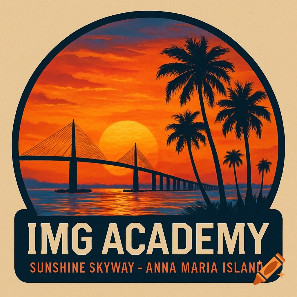 A circular logo featuring a sunset over a bridge, with palm trees silhouetted, and text 'IMG ACADEMY SUNSHINE SKYWAY - ANNA MARIA ISLAND'.