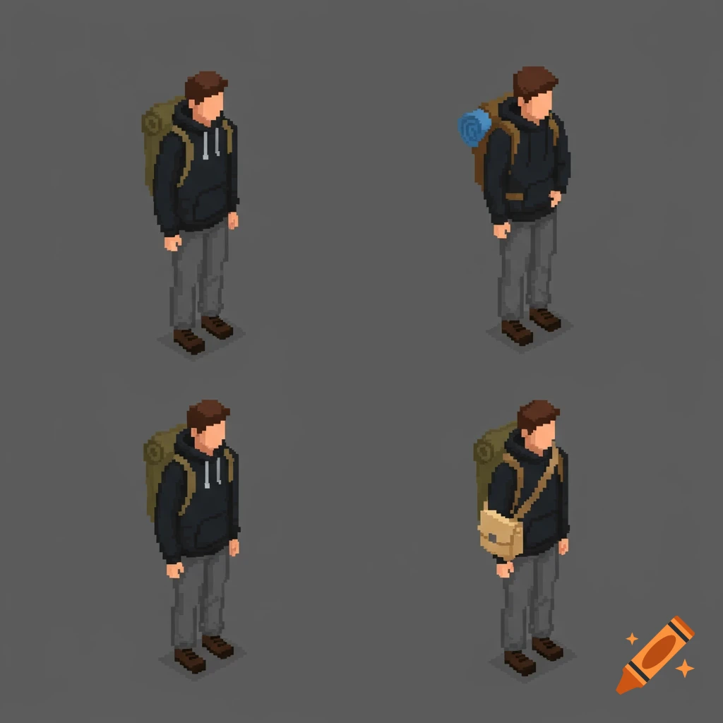 Four isometric pixel art characters of a guy wearing a black hoodie and hiking pants, with various backpack configurations, on a gray background.
