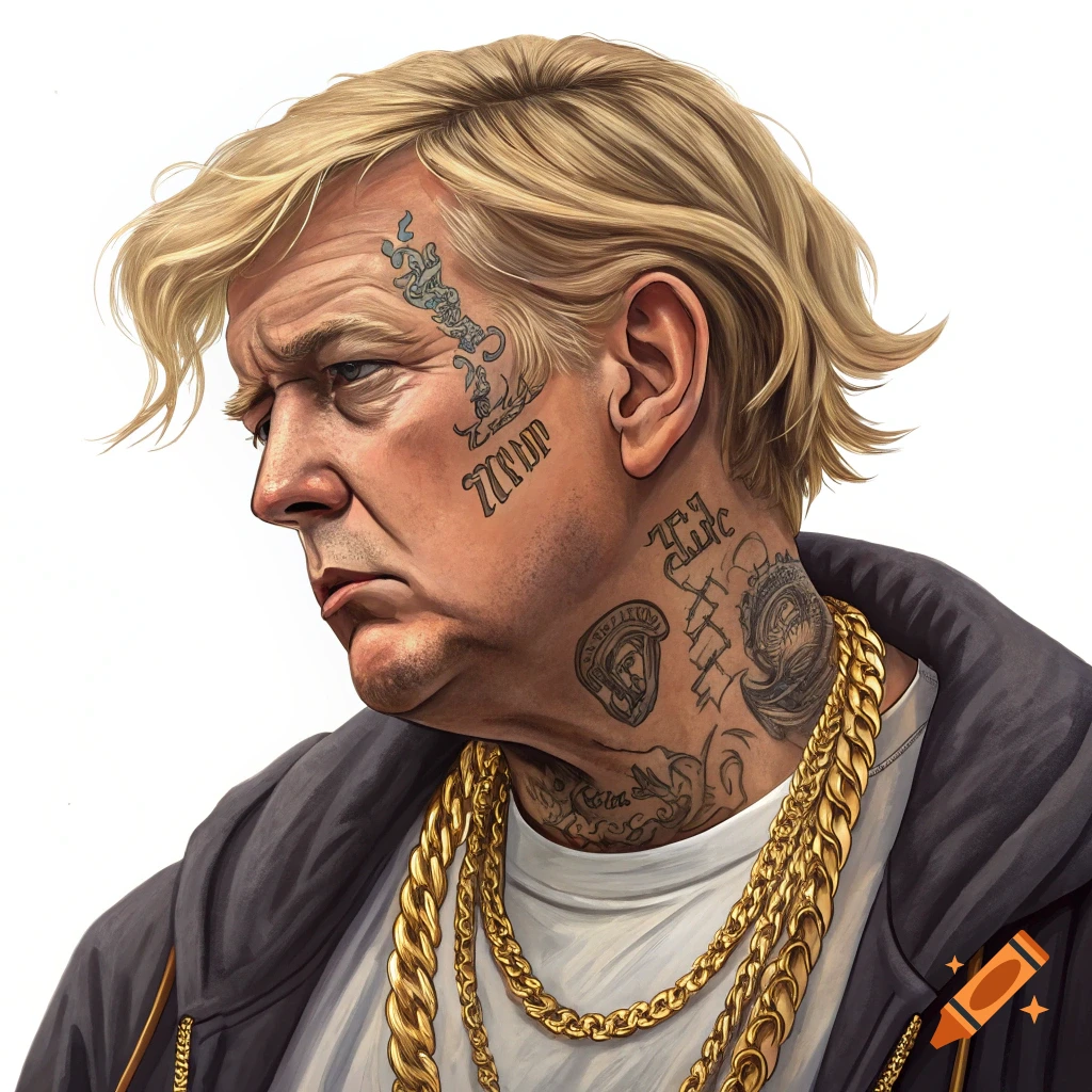 Close-up portrait of a man with blonde hair, extensive face and neck tattoos, and multiple gold chains.