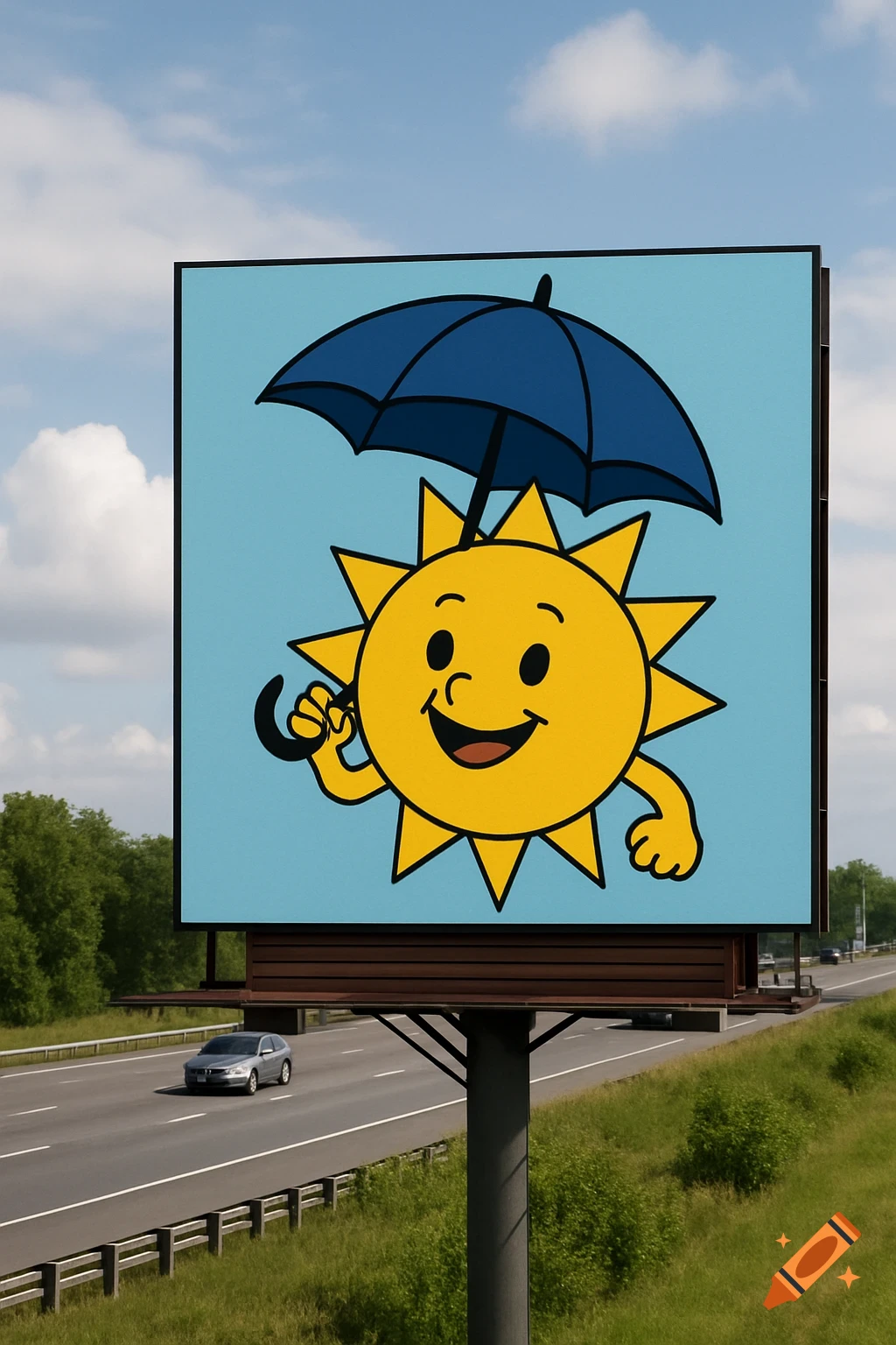 A photo of a billboard showing a cartoon sun holding a blue umbrella next to a highway.
