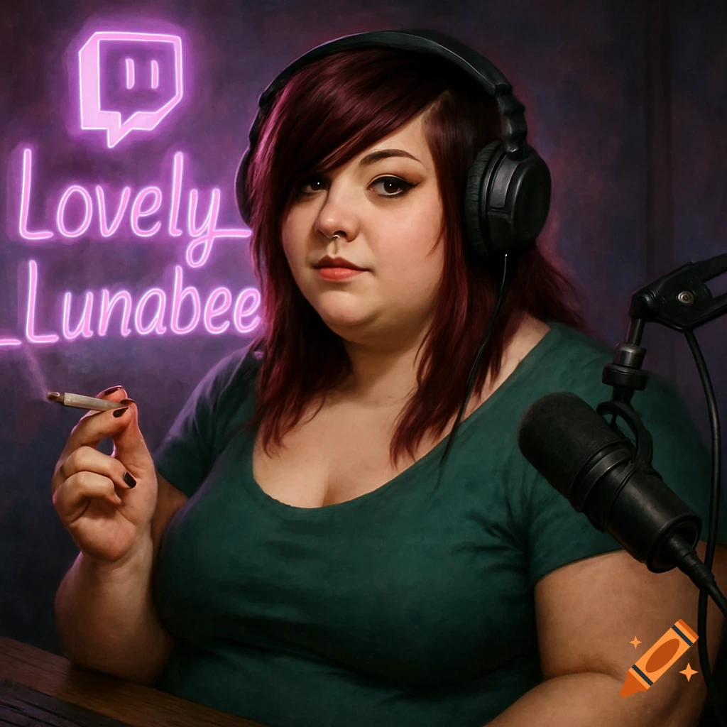 Photorealistic portrait of a plus-sized woman with burgundy hair, wearing headphones, holding a joint at a streaming setup with a neon Twitch sign.