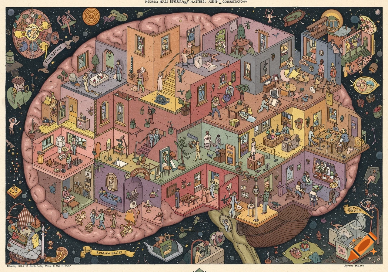 Detailed isometric illustration of a human brain as a multi-roomed building with people performing various activities inside and around it.