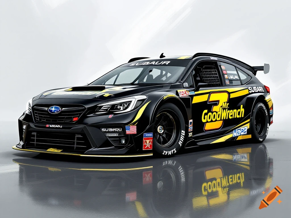 A black and yellow Subaru race car with the number 3 and 'Mr. Goodwrench' logo, parked on a reflective surface against a white background.