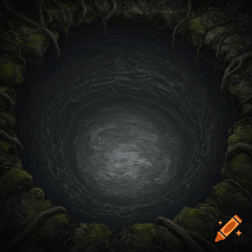 A dark, deep pit or cave opening viewed from above, with moss and tree roots framing the entrance.