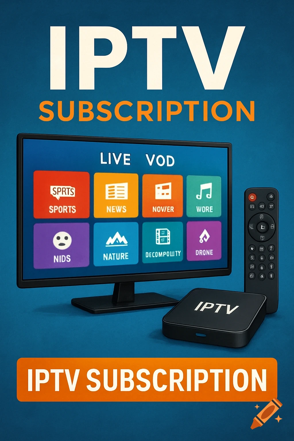 An advertisement for an IPTV subscription featuring a TV screen displaying various app icons, a remote control, and a set-top box. The text "IPTV SUBSCRIPTION" is at the top and bottom, and "IPTV" is on the box.