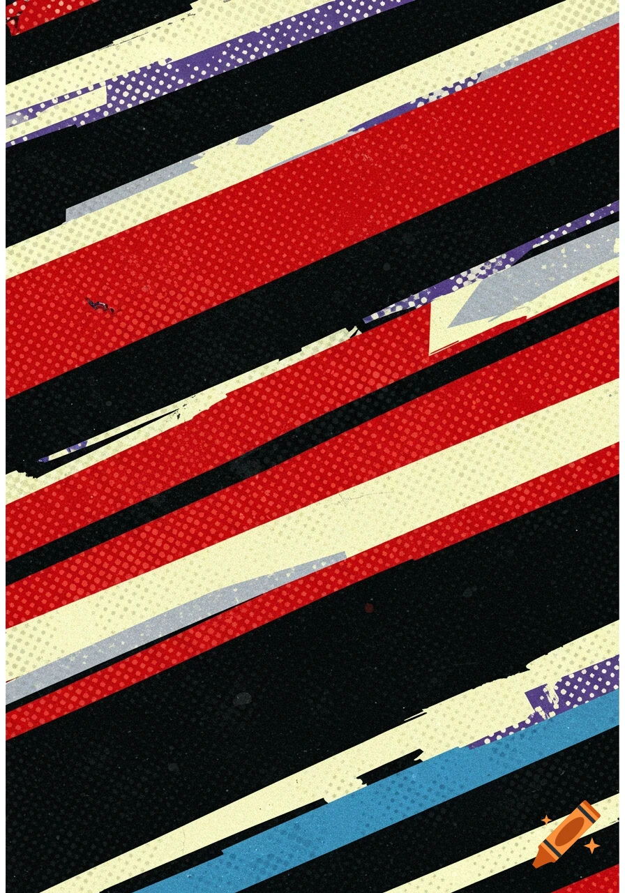 An abstract pop art background with diagonal stripes in red, black, and beige, featuring blue and purple accents and halftone dot patterns.