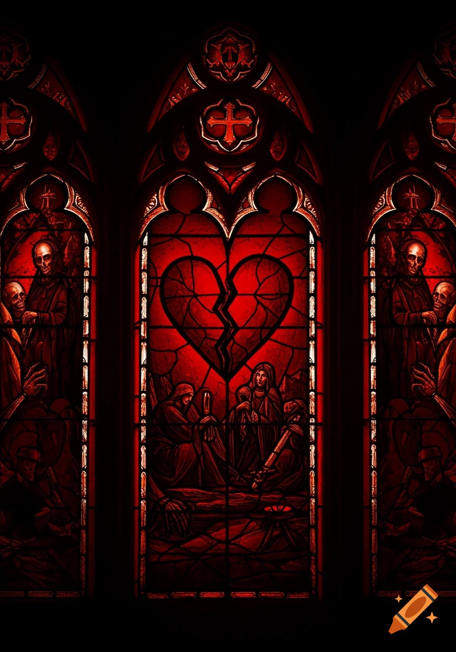 Dark red stained glass window with a broken heart, surrounded by skeletal figures, in an ominous gothic style.