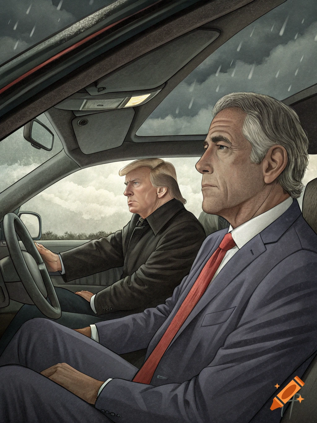 A stylized illustration shows Donald Trump driving a car with a man resembling Jeffrey Epstein in the passenger seat on a cloudy day.